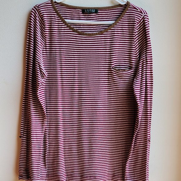 Lauren Ralph Lauren Red/White Pinstriped Scoop Neck Jersey Size Large - Picture 7 of 16